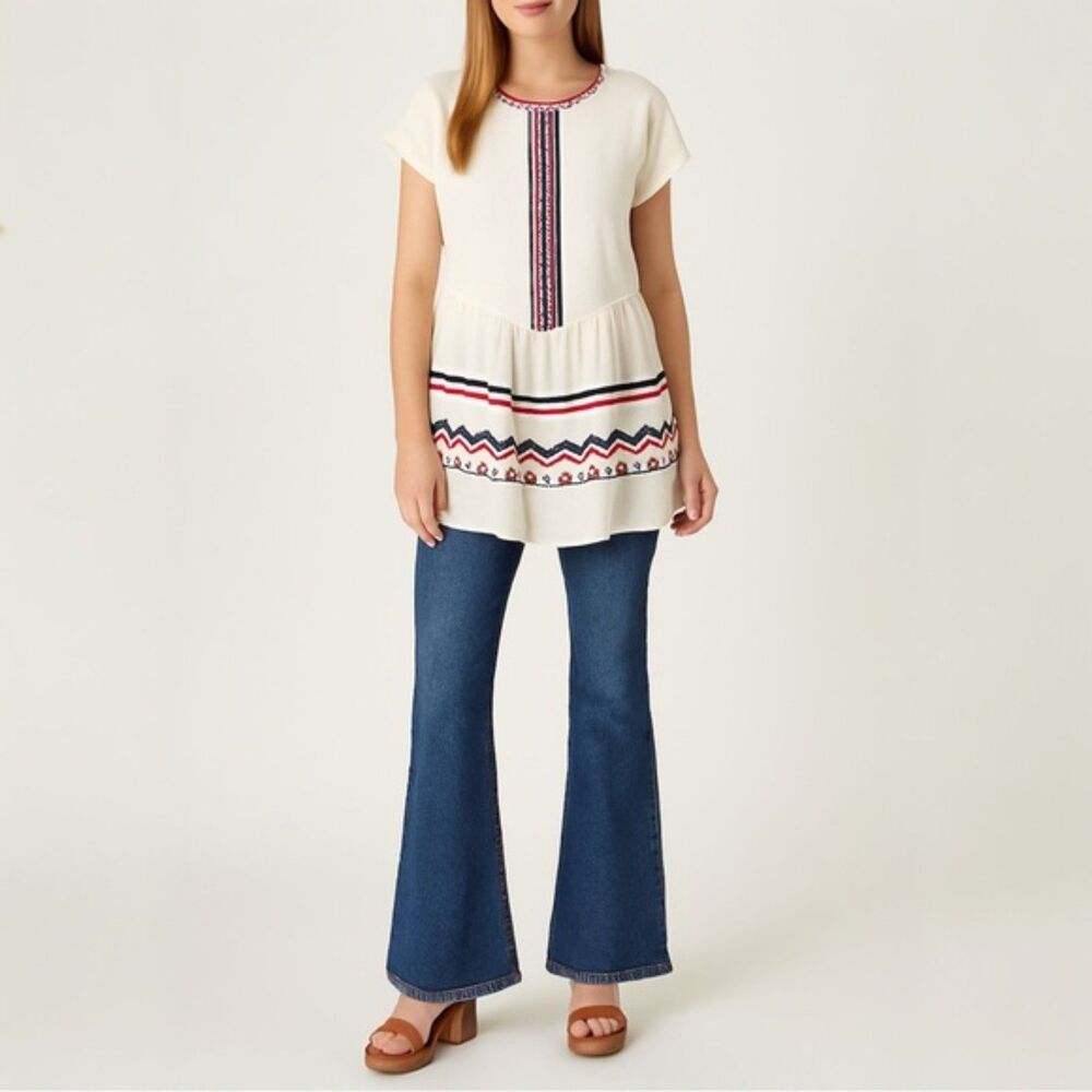 THML Mini Dress Women's Size Medium Cream Boho Tribal Embroidered Dropped Waist